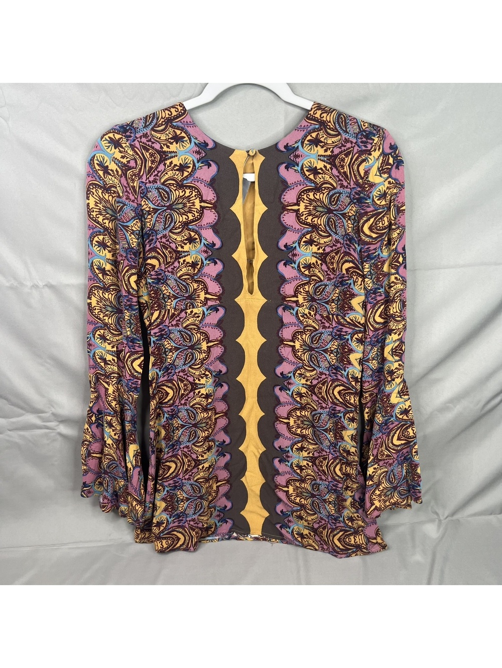 Free People Womens Large Bell Sleeve Mini Shift Dress Purple Gold Print